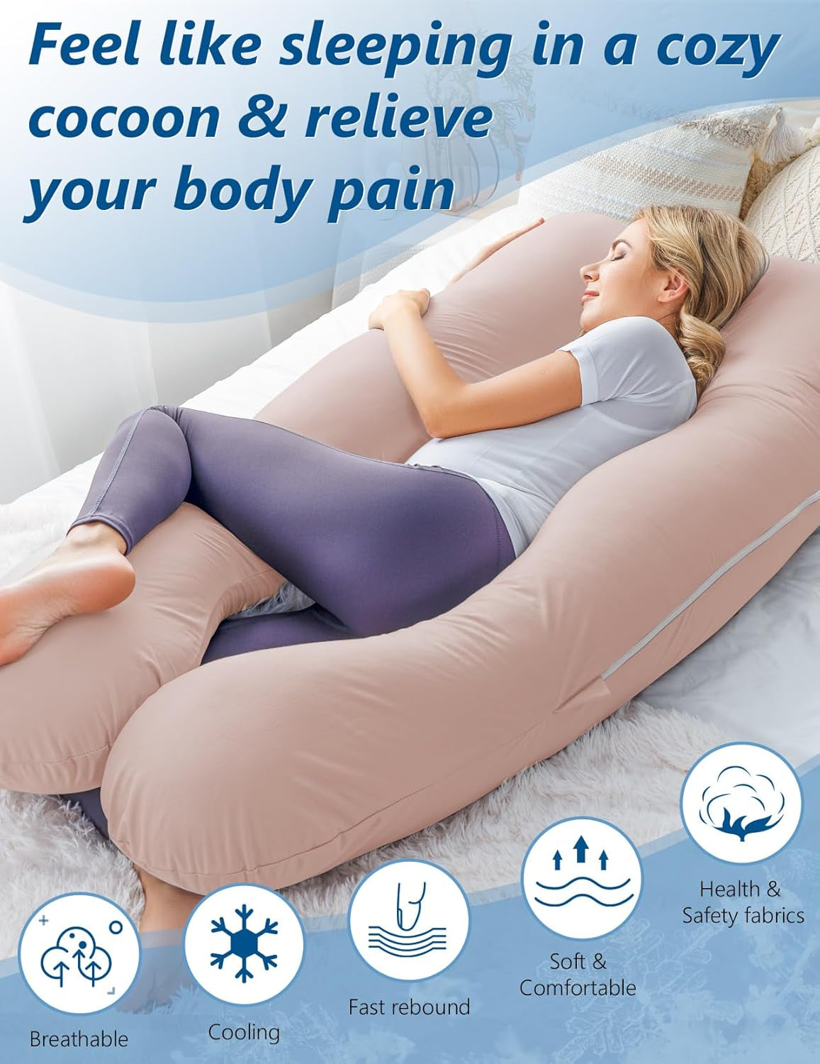 Cooling Pregnancy Pillows for Sleeping, Maternity Body Pillow for Pregnant Woman, U Shaped, with Cooling Jersey Cover