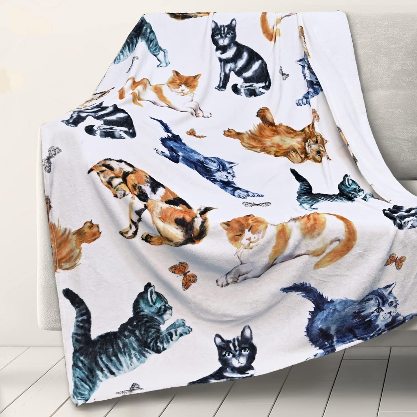 Cat Blanket for Women Cat Throw Blankets for Adults Fleece Cat Blanket Fuzzy Cat Blanket White Fleece Blanket for Kids Women Cartoon Cat Colorful Plush Throw Blanket Gift