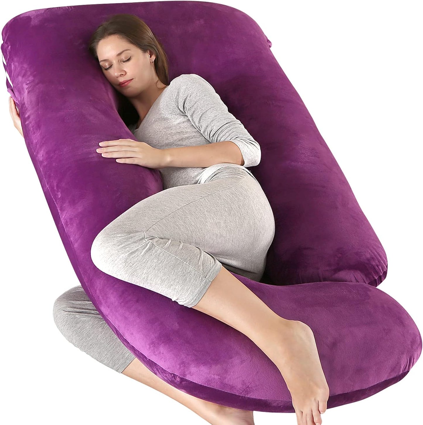 Pregnancy Pillows,U Shaped Full Body Pillow for Sleeping Support,57 Inch Maternity Pillow for Pregnant Women with Removable Cover(Velvet,Dark Purple)