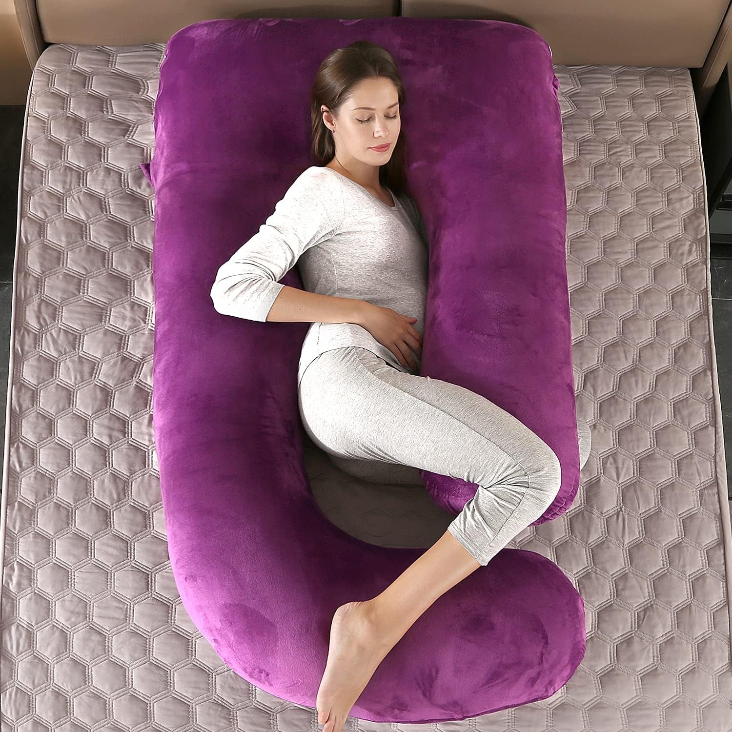 Pregnancy Pillows,U Shaped Full Body Pillow for Sleeping Support,57 Inch Maternity Pillow for Pregnant Women with Removable Cover(Velvet,Dark Purple)