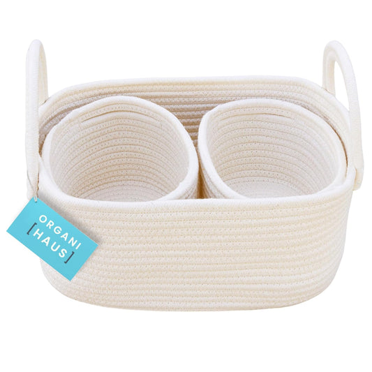 White Small Woven Baskets for Storage - Baby Hamper & Baby Changing Basket - Storage Baskets for Shelves - Cotton Rope Baskets W/Handles - Set of 3 Cloth Baskets for Organizing and Storage