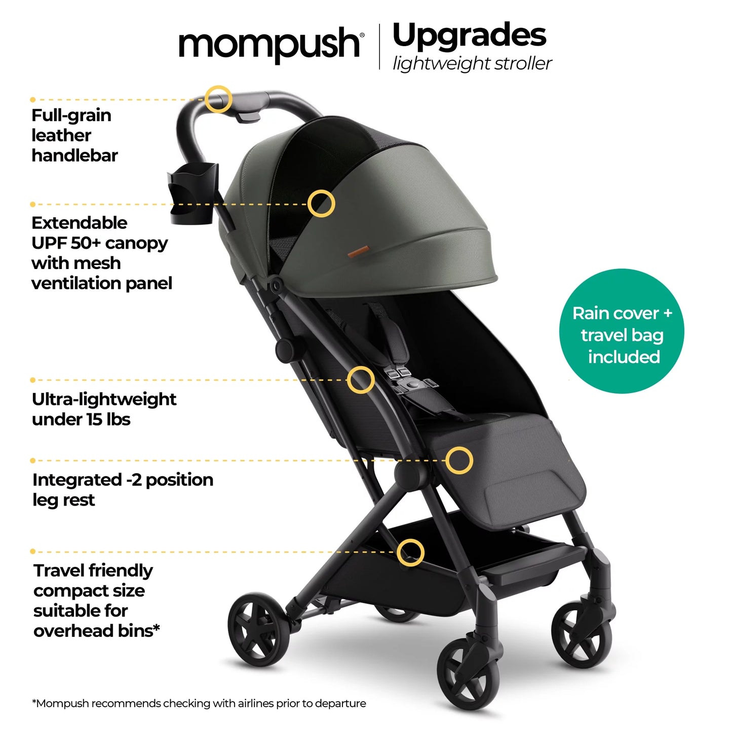 Mompush Lightweight Baby Stroller, Compact Stroller for Airplane Travel, Green, 14.2 Lb, Unisex