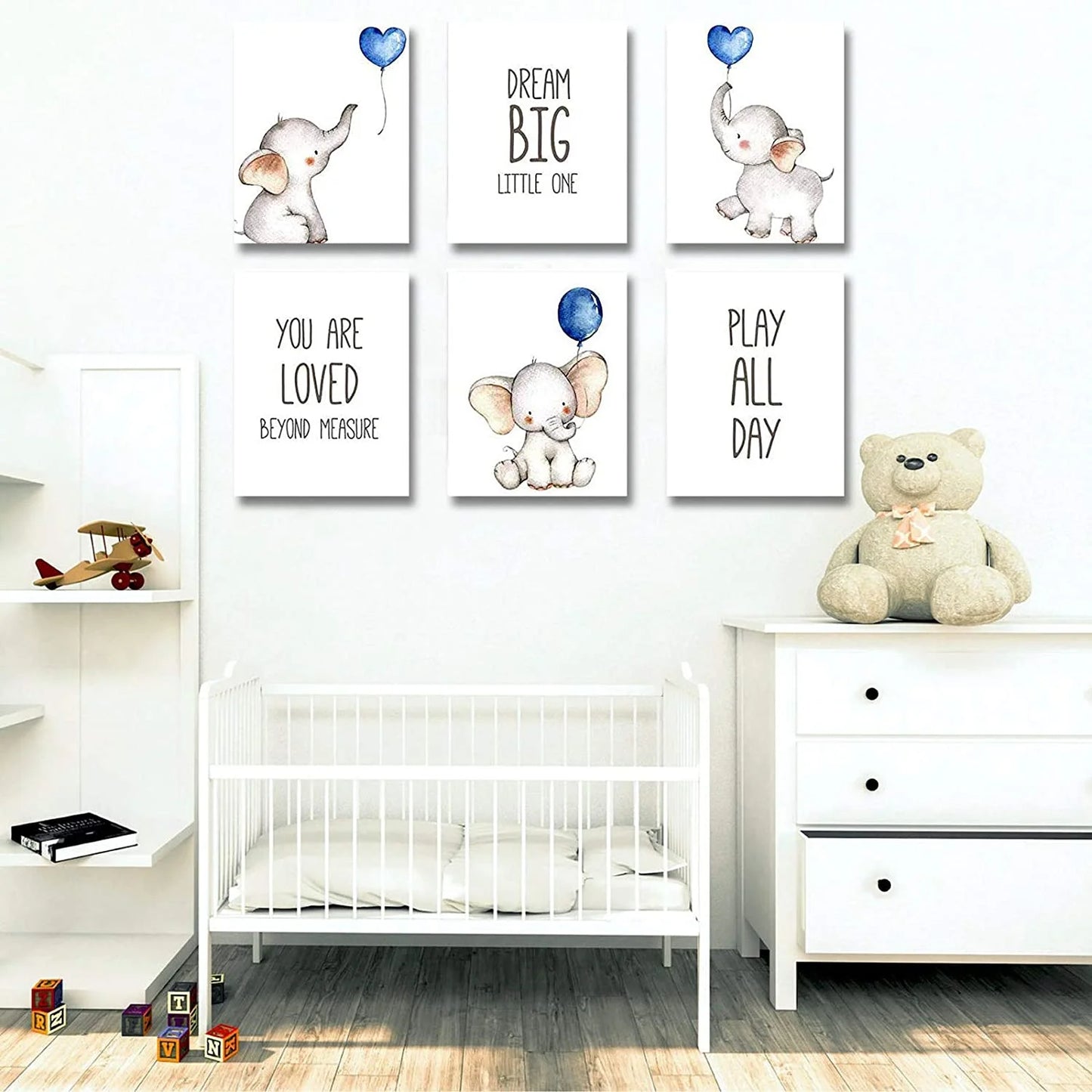 Kiddopark Elephants with Blue Balloons Nursery Wall Art 8"X10" Art Prints (Set of 6)