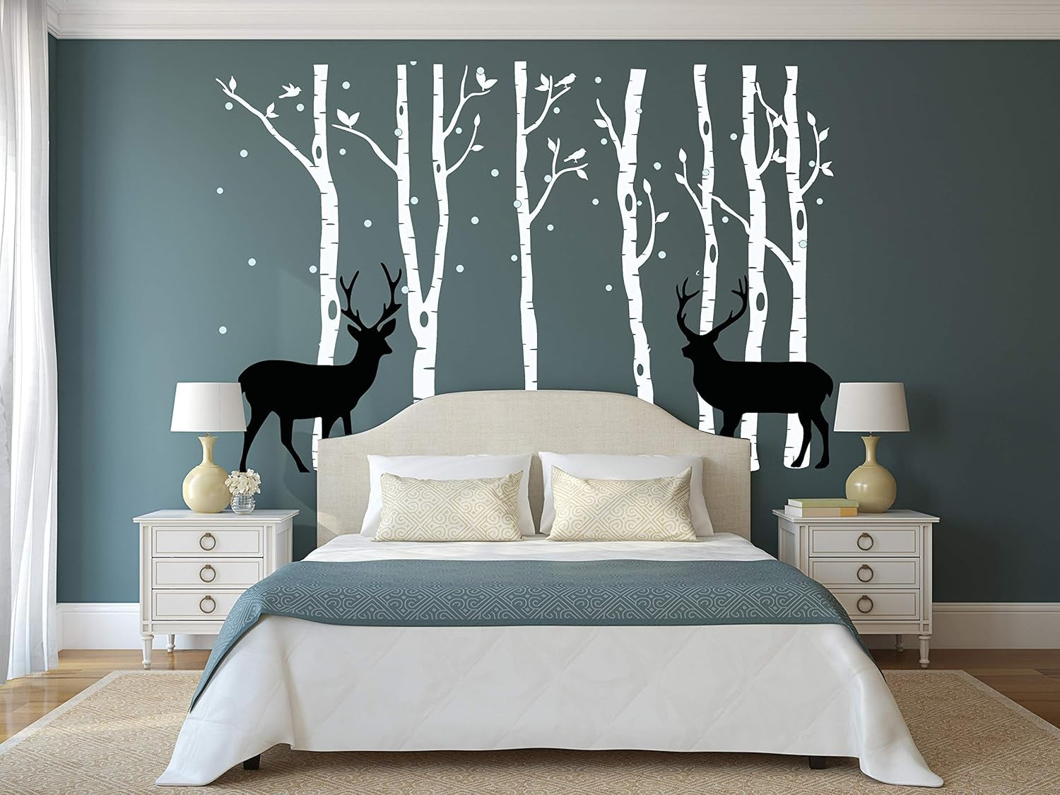 Birch Tree Deer Wall Decal Nursery Forest Removable Birch Trees Vinyl Sticker for Kids Bedroom Decor Nursery Bedroom (White)