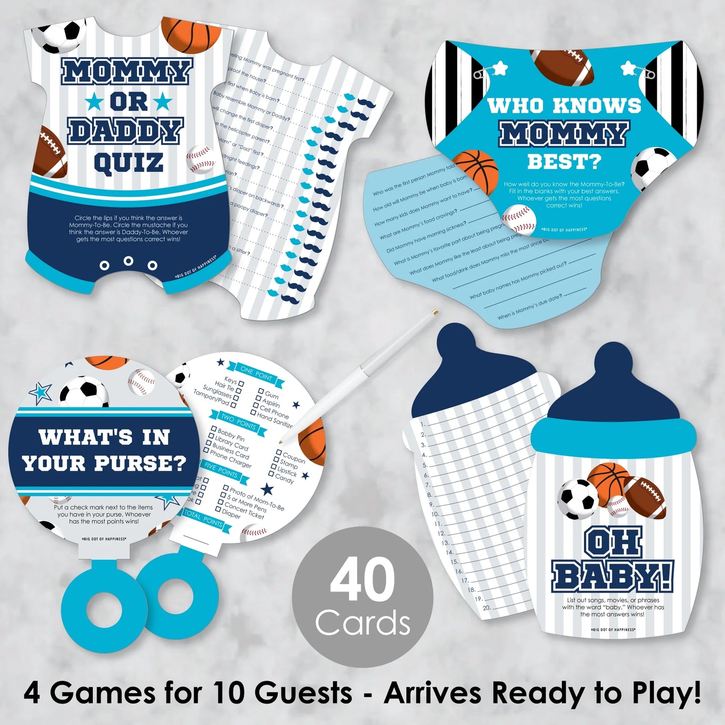 Big Dot of Happiness Go, Fight, Win - Sports - 4 Baby Shower Games - 10 Cards Each - Gamerific Bundle