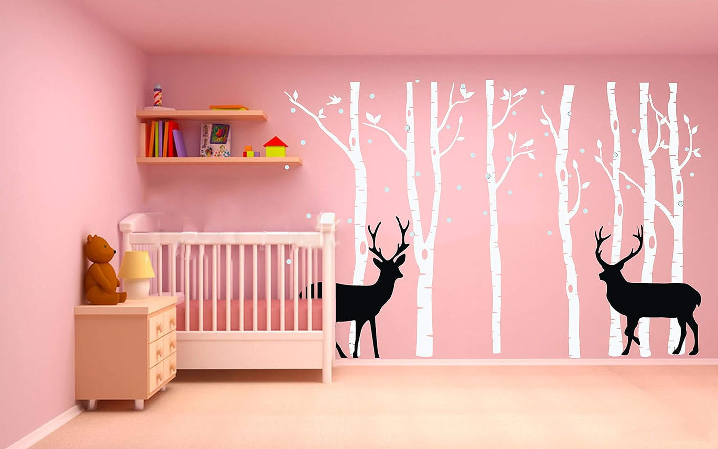 Birch Tree Deer Wall Decal Nursery Forest Removable Birch Trees Vinyl Sticker for Kids Bedroom Decor Nursery Bedroom (White)