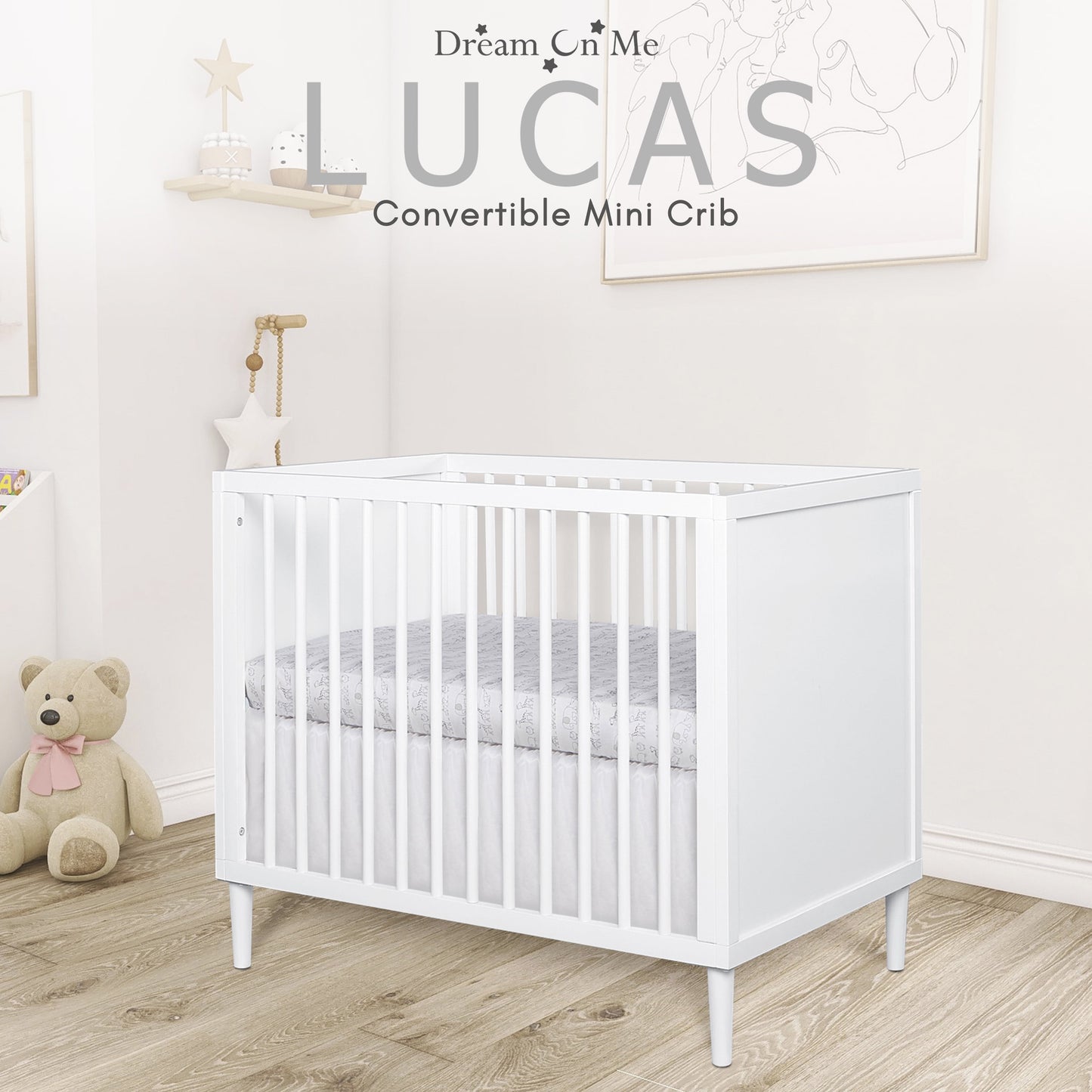 Dream on Me Lucas Mini Modern Crib with Rounded Spindles, White