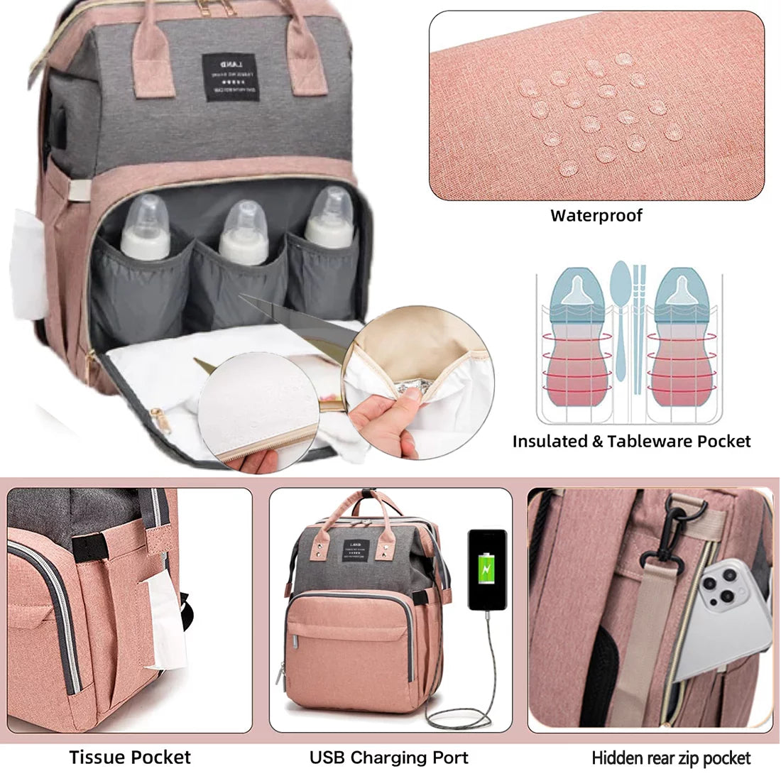 Merece Diaper Bag Backpack with Changing Station, Waterproof Multi-Functional Unisex Baby Pack & USB Charging Port with Toys-Pink