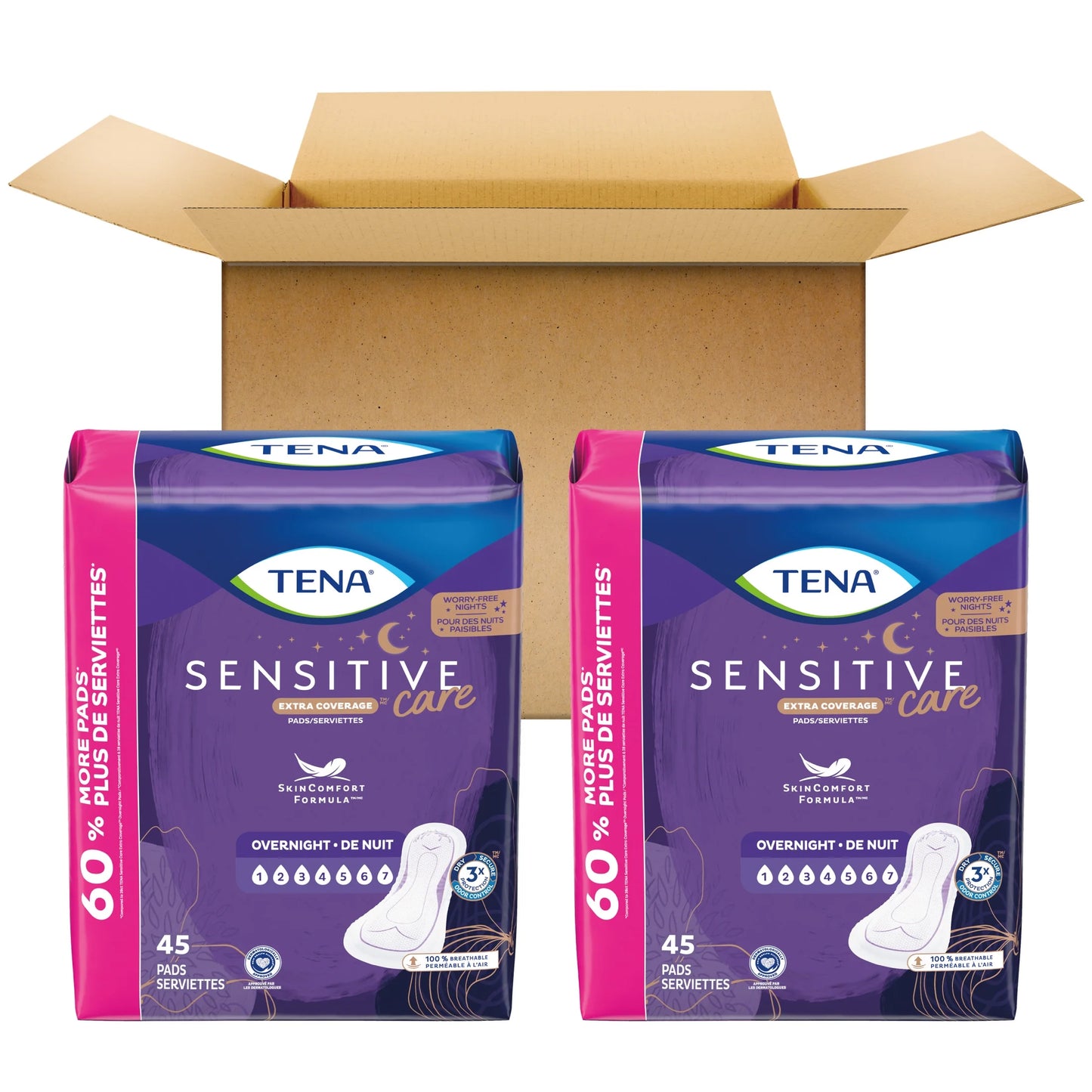 Tena Sensitive Care Extra Coverage Overnight Incontinence Pads for Women, 90 Count