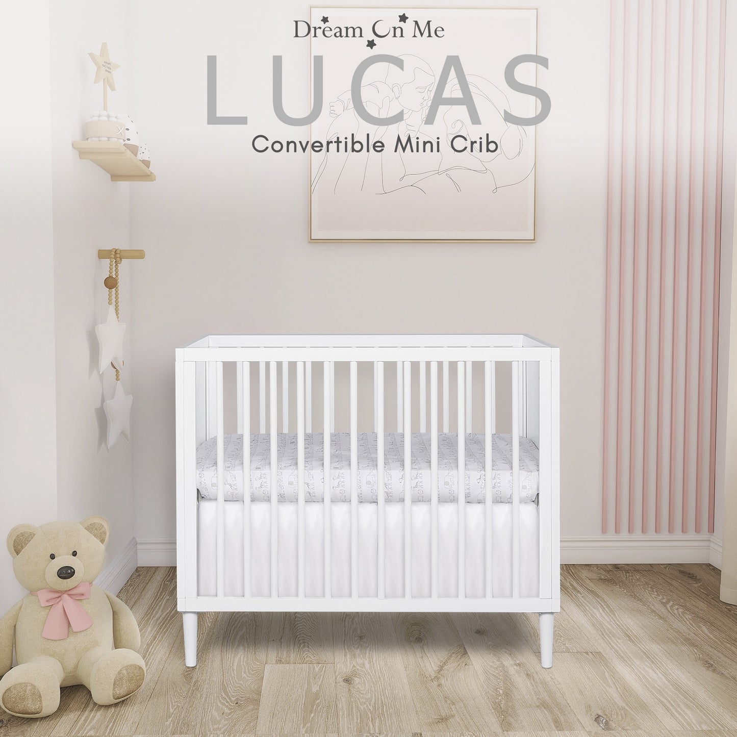 Dream on Me Lucas Mini Modern Crib with Rounded Spindles, White