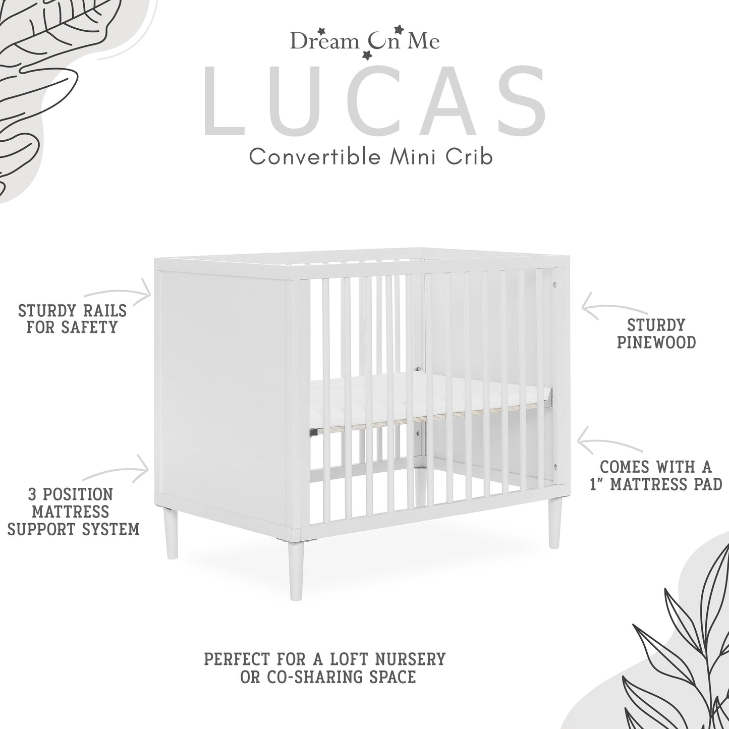 Dream on Me Lucas Mini Modern Crib with Rounded Spindles, White