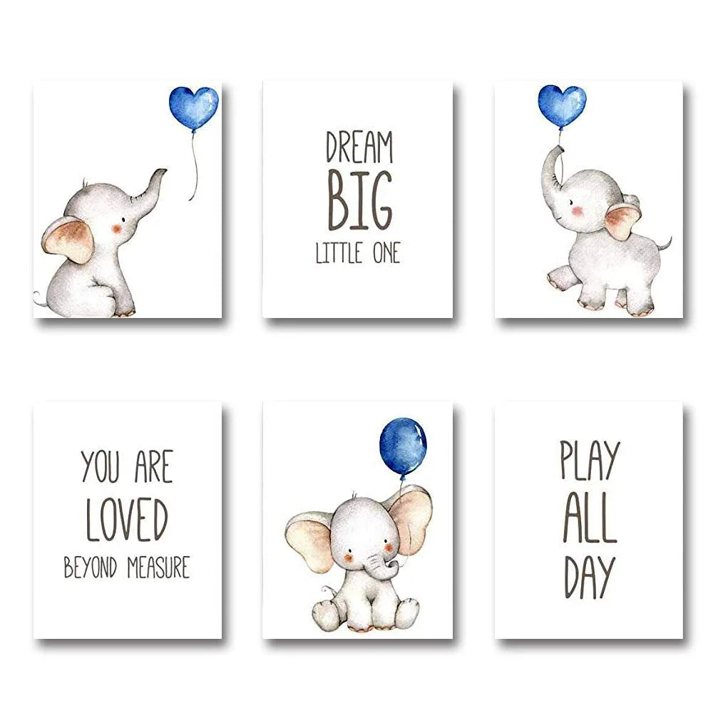 Kiddopark Elephants with Blue Balloons Nursery Wall Art 8"X10" Art Prints (Set of 6)