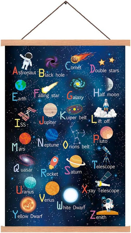 Outer Space Art Print with Wood Magnetic Poster Hanger Frame, Astronomy Alphabet Letters Canvas Wall Art,Abstract Universe Educational Poster,40X64Cm Hanging Painting for Home Classroom Decor