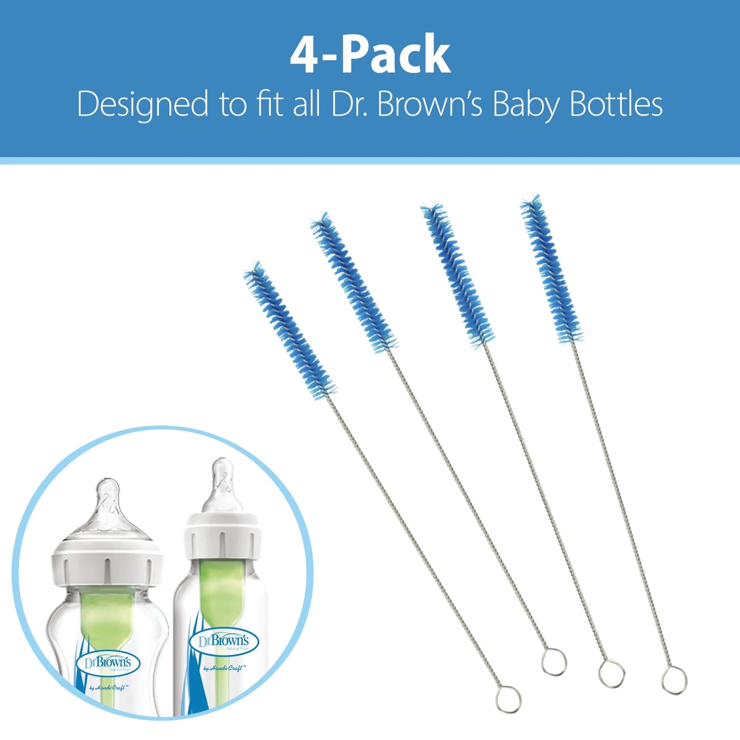 Dr. Brown'S Natural Flow Reusable Baby Bottle Vent & Reservoir Cleaning Bristle Brush, Blue, 4 Pack