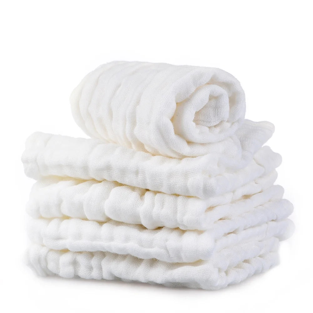 Pretty See Organic Cotton Baby Towels Soft Newborn Baby Face Towel Natural Baby Muslin Washcloths and Towels for Sensitive Skin, White, Set of 5