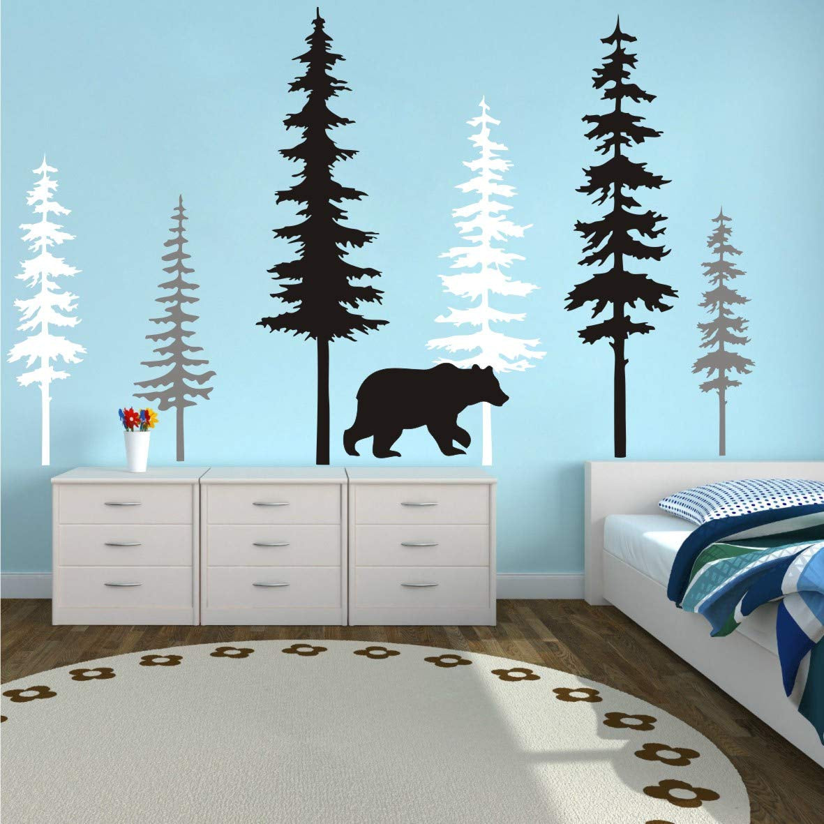 Large Forest Pine Tree with Bear Wall Decals Woodland Trees Wall Sticker for Nursery Room Art Kids Room Bedroom Decoration Forest Tree Animal Wall Mural Am10(White +Gray+Black W/Bear)