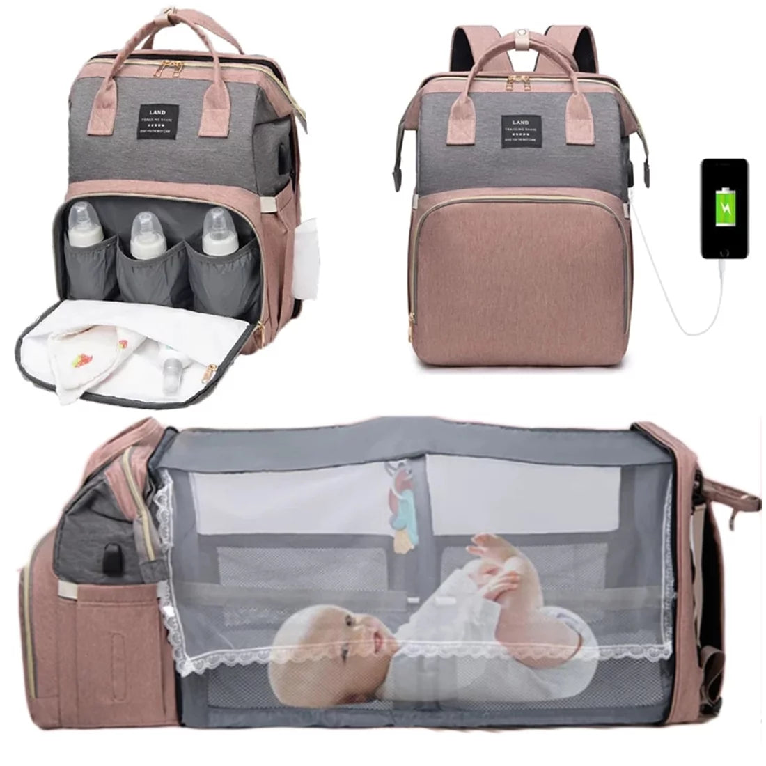 Merece Diaper Bag Backpack with Changing Station, Waterproof Multi-Functional Unisex Baby Pack & USB Charging Port with Toys-Pink