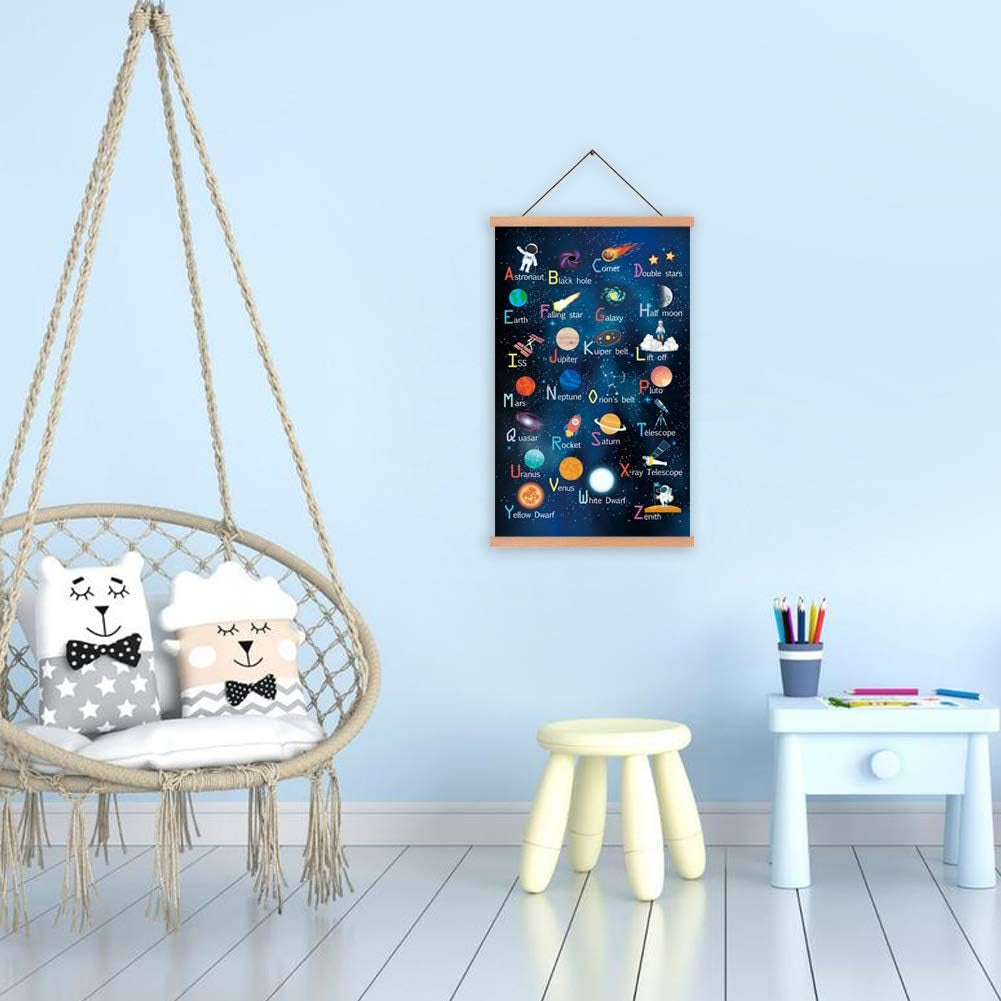 Outer Space Art Print with Wood Magnetic Poster Hanger Frame, Astronomy Alphabet Letters Canvas Wall Art,Abstract Universe Educational Poster,40X64Cm Hanging Painting for Home Classroom Decor