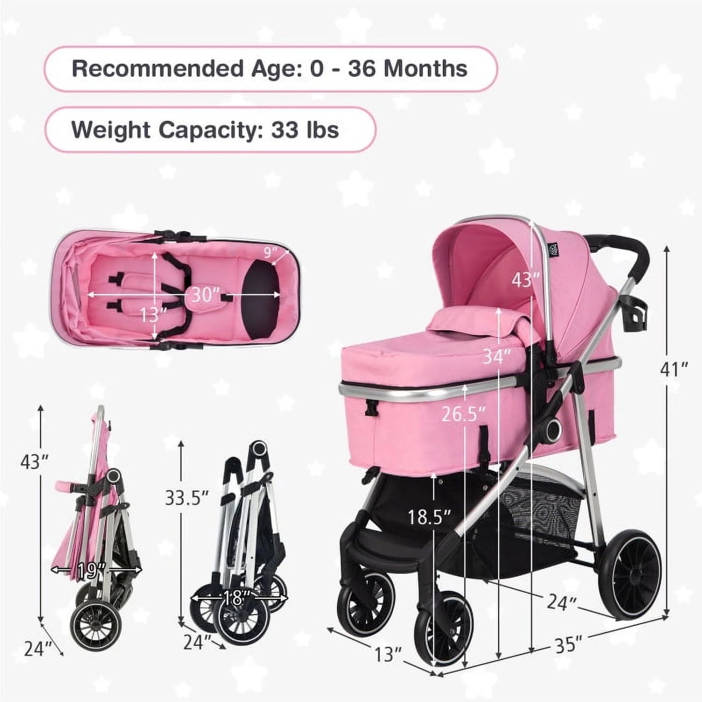 GVN 2-In-1 Convertible Baby Stroller with Reversible Seat-Pink, Summer Stroller for Infant & Toddler