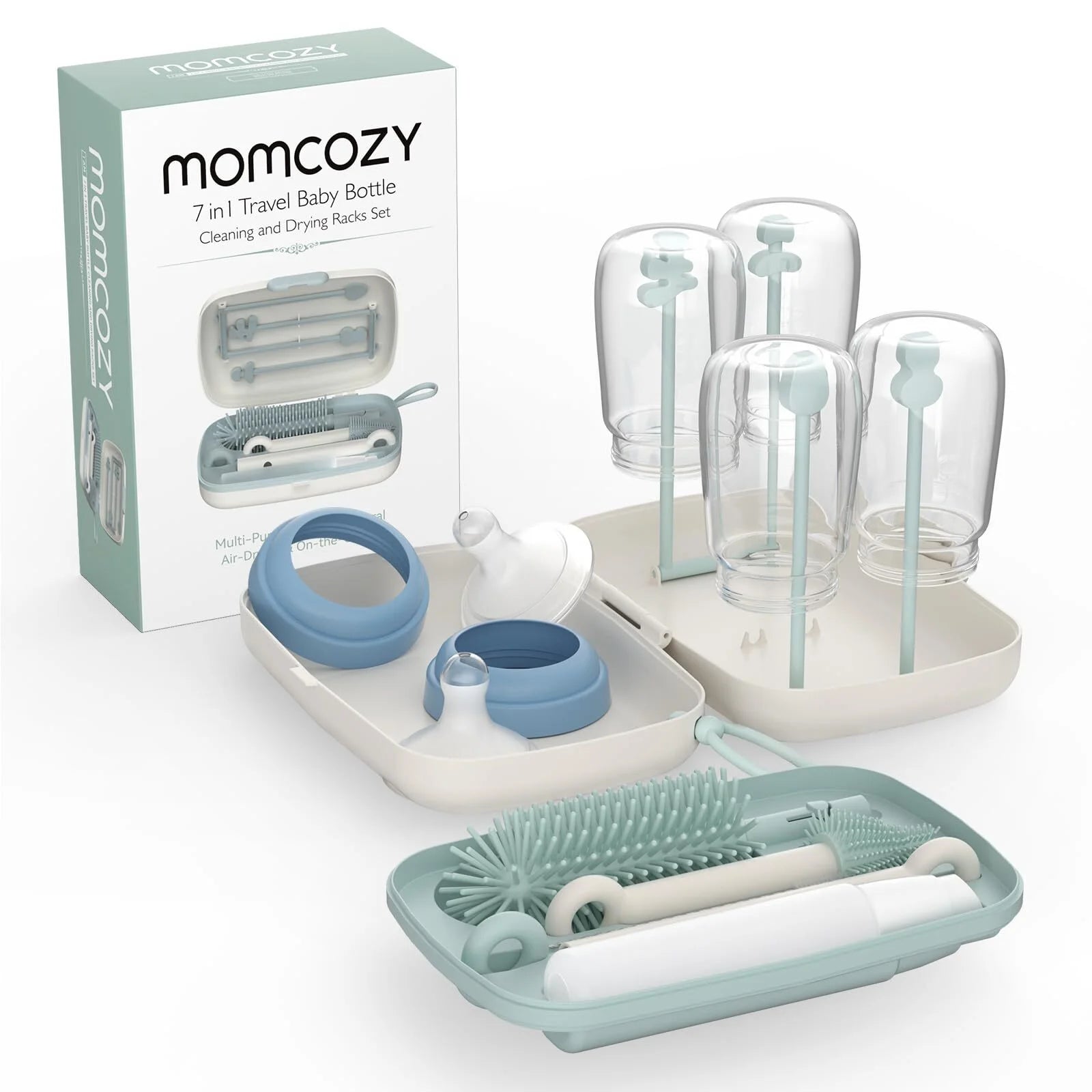 Momcozy Portable Bottle Brush Set - Baby Bottle Cleaner Kit with Silicone Brush, Drying Rack - 6 in 1 Bottle Cleaning Tool for Home and Travel