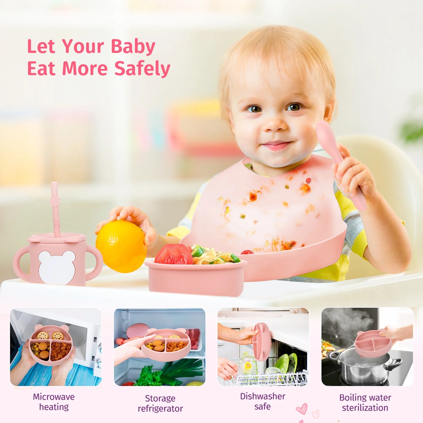 PERRYHOME Silicone Baby Feeding Set, 12Pcs Safe Baby Led Weaning Supplies for Toddlers, Baby Plates and Bowl Set, Baby Spoon and Baby Bib, Baby Feeding Essentials(Pink)